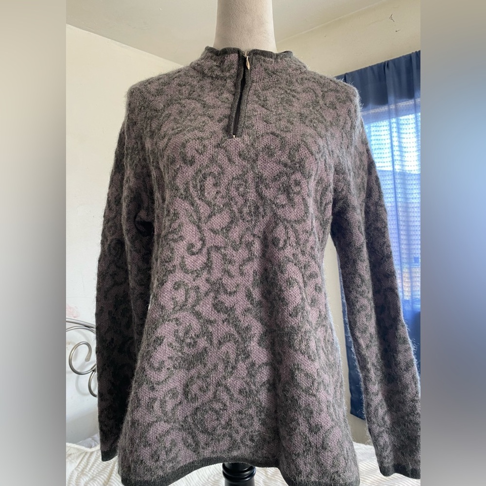 MFH Knits SZ L Lavender Gray Baby Alpaca Blend 1/4 Zip Up Long Sleeve Sweater